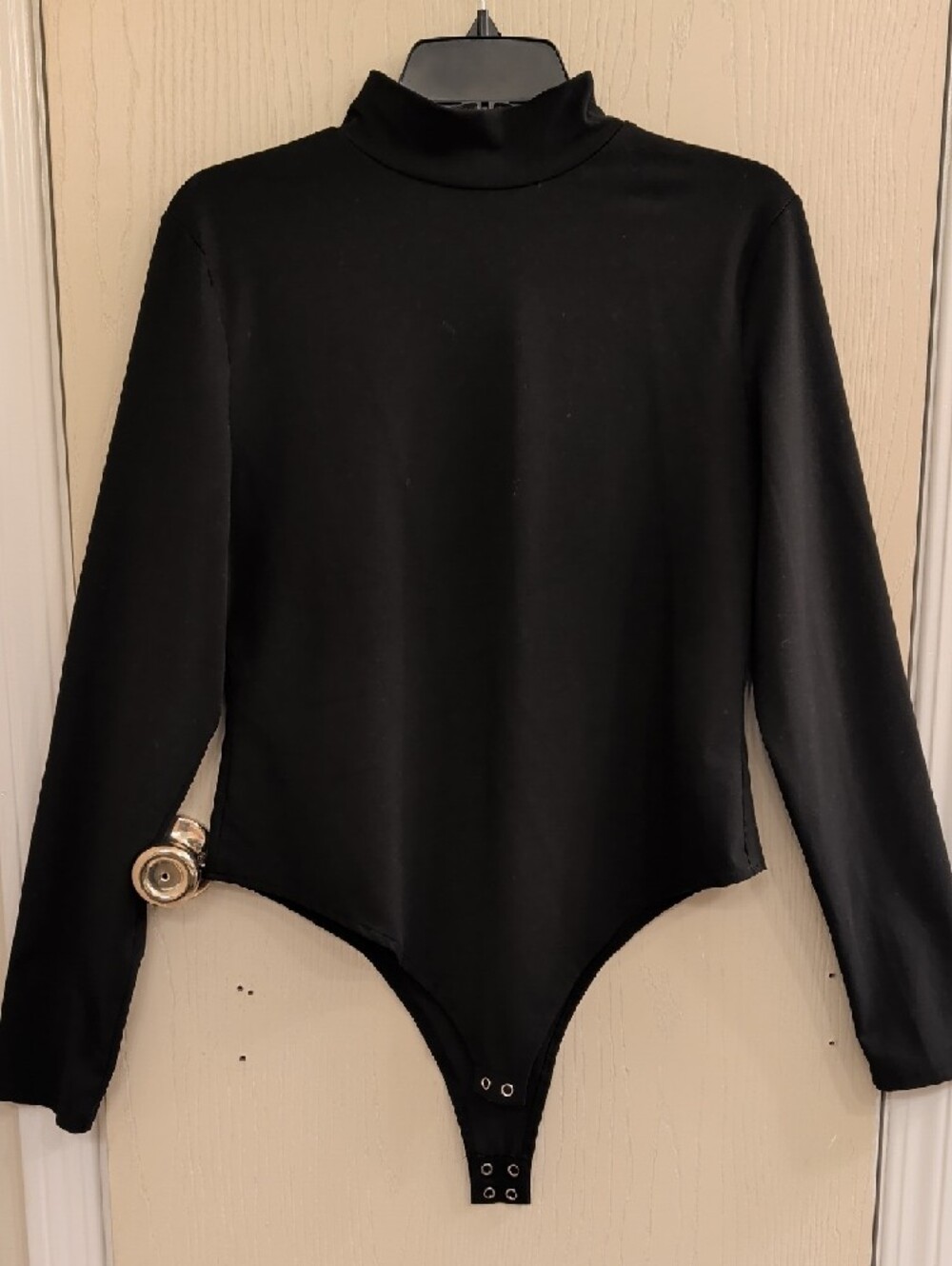 Women’s Black Mock Neck Long Sleeve Bodysuit XL Stretch One Piece Snap Closure - Picture 2 of 6